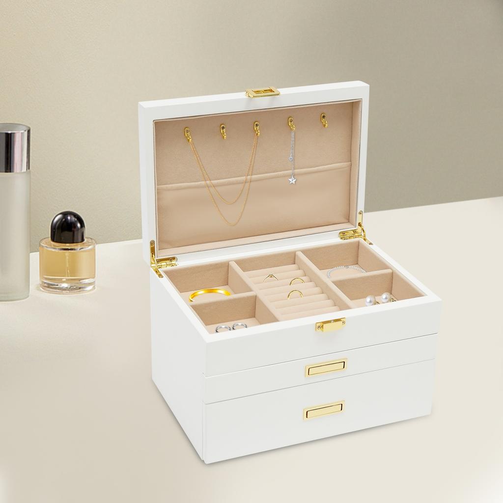 3-Layer Jewelry Organizer Box for Women, Modern White Jewelry Storage Box with Plush Lining, Rectangular Jewelry Display Case
