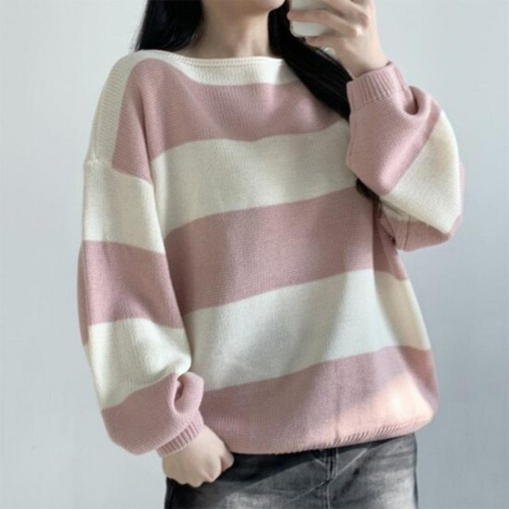 New Arrivals Open Run Balloon Long Sleeve STripe KniT Semi Sheer T shirT