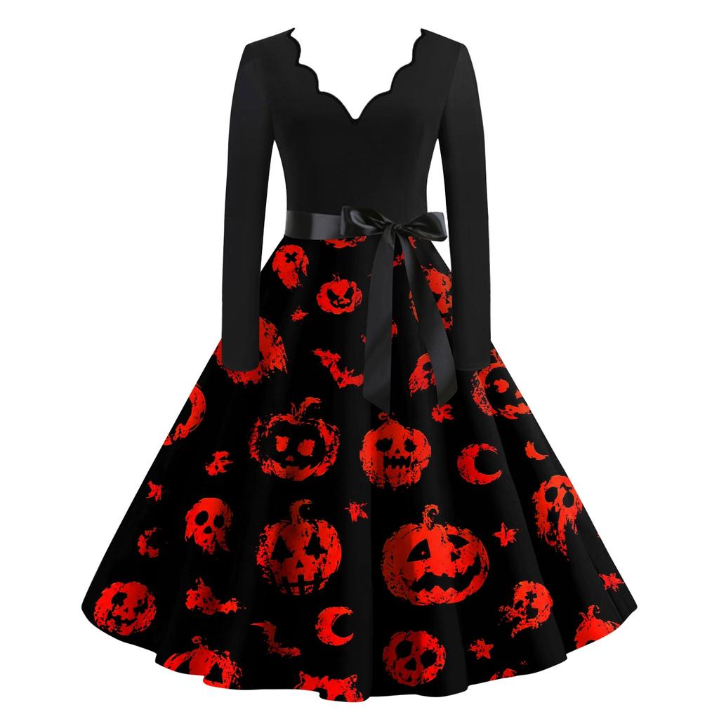 Women Casual V Neck Long Sleeve Dress Halloween Printed Skirt Vintage Style Midi Dress with Belt Fit and Flare Design