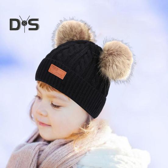 Kids Beanie Fall Winter Knitted Hat with 2 Pompom for Boys Girls 1-4 Years Old Warm Beanie Toddler Hat for Outdoor Activities