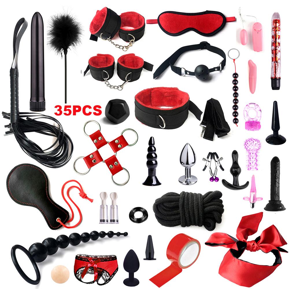 Fetish BDSM Kit Set Sex Toy Handcuffs for Woman Adult Supplies Handcuffs Whip Anal Plug Vibrator Bondage Rope Sexual Sexy Game