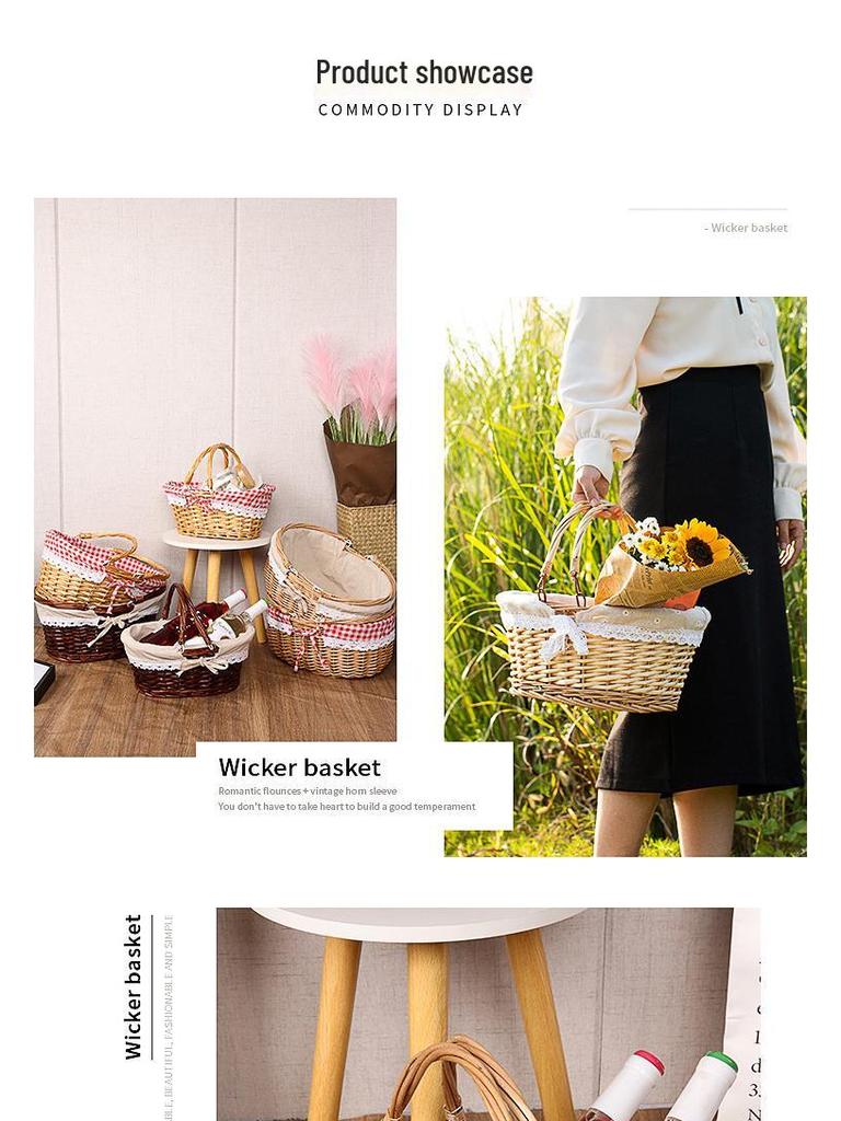 Woven Wicker Picnic Basket Handbag with Handle - Pastoral Style Fruit Storage E18