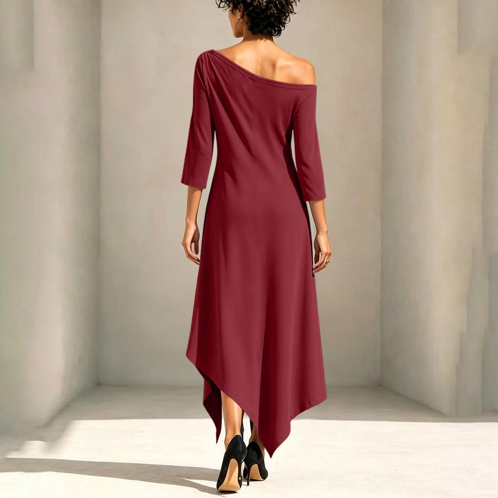 Modisches Midi-Kleid für Damen, Dreiviertelärmel, Asymmetrischer Saum