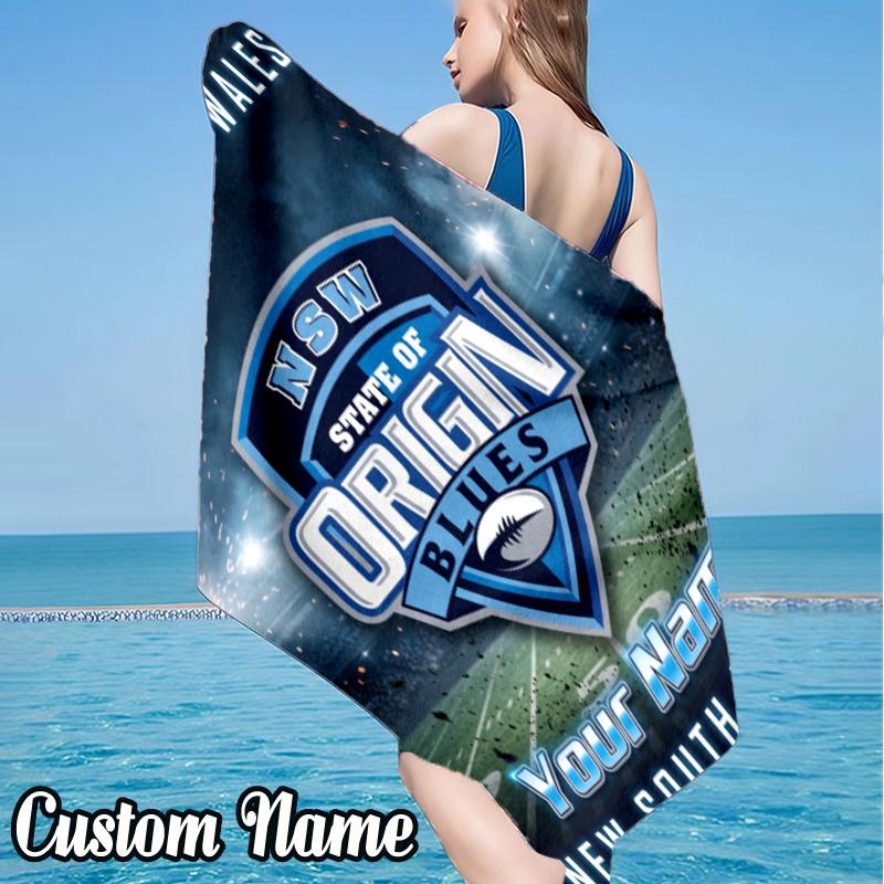 Custom Name NSW Blues Beach Towel - Soft, Ultra-Absorbent Microfiber, Lightweight, Perfect for Beach, Parties, Travel, Camping