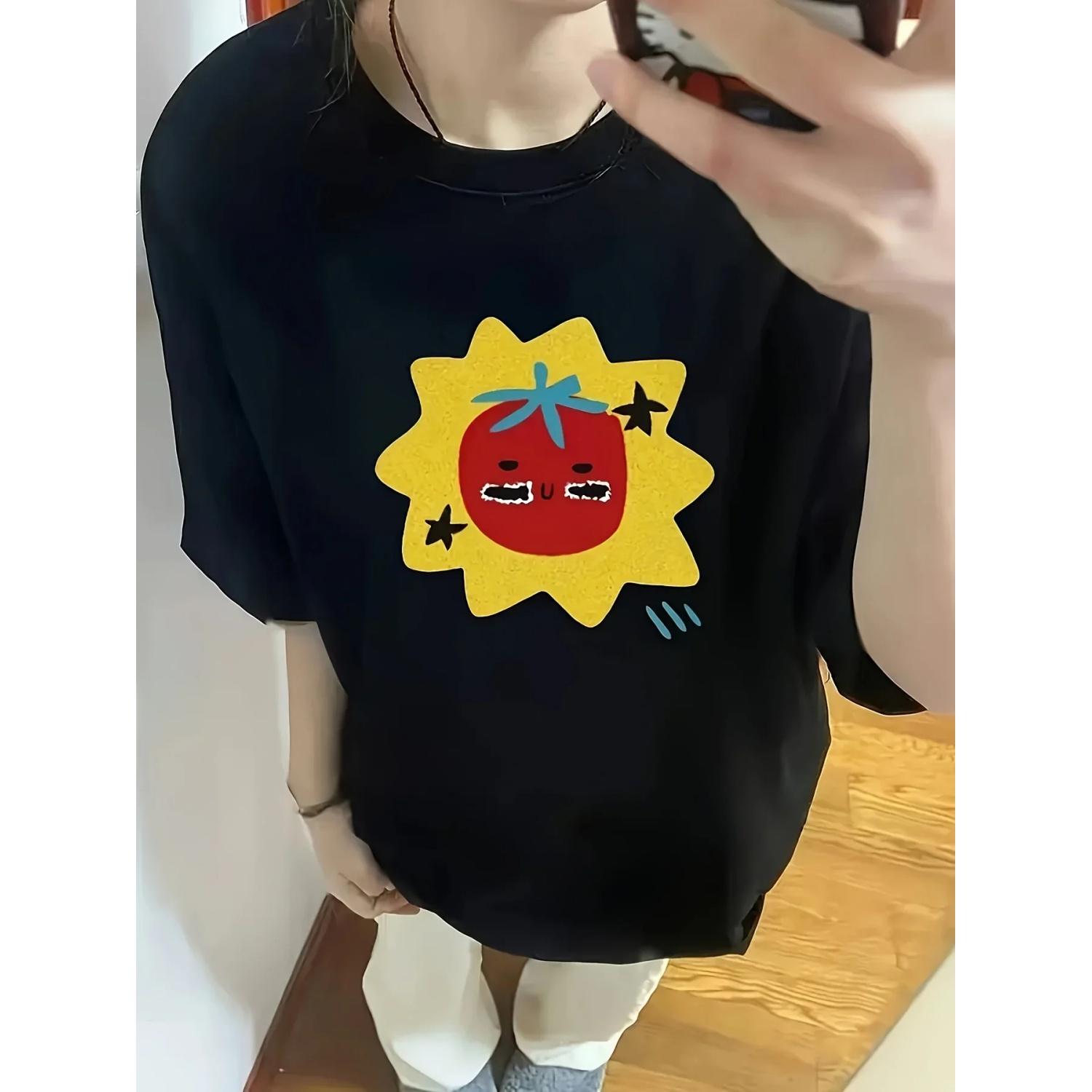 

Cartoon Tomato Graphic Print T-Shirt Women Creativity Summer Round Neck Short Sleeve Street Casual Tops Women Clothing S чёрный