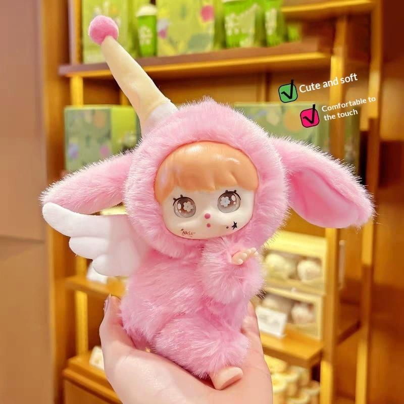 Fluffy Angel Bunny Keychain Plush Toy Pendant Cute Soft Vinyl Doll for Kids Birthday Present
