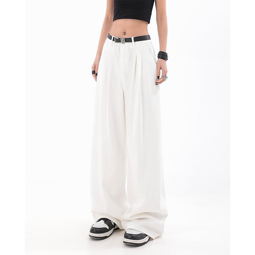 Hong Kong Retro White Wide-Leg High-Waist Women's Jeans for Summer