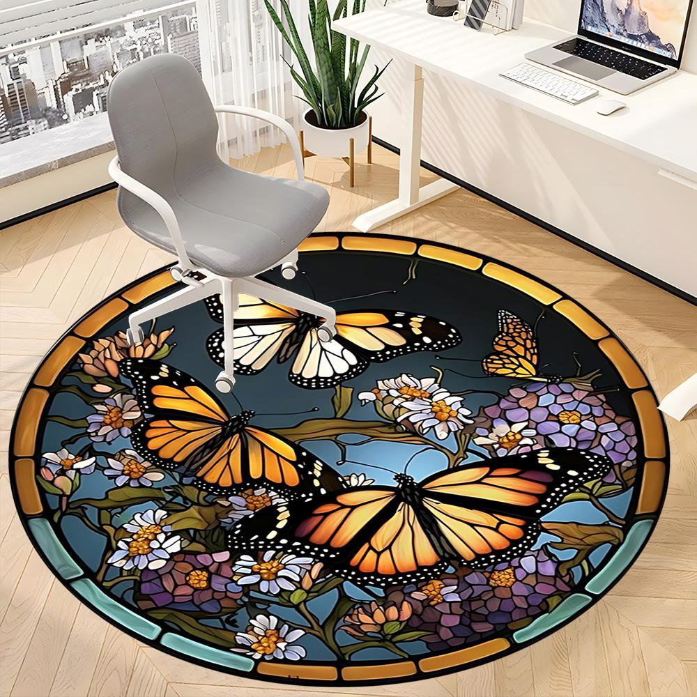 1pc Butterfly Stained Glass Chair Carpet for Office, Round Polyester Mat, Indoor Decor for Office, Washable Non-slip Carpet yy251219136