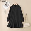 VONDA Women Lapel Neck Long Sleeve Solid Button Down Casual Ruffled Shirts Dress