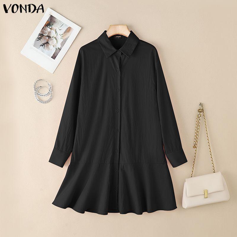 VONDA Women Lapel Neck Long Sleeve Solid Button Down Casual Ruffled Shirts Dress