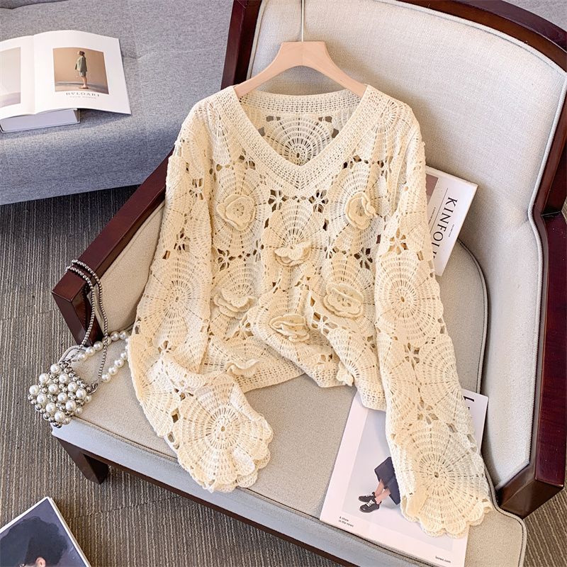 

Нишевый дизайнерский сенс Трехмерный цветок Ажурный Большой размер Тяжелая промышленность Рубашки с длинным рукавом Ранняя осень Свободный Ленивый Шерстяной вязаный топ Apricot XL