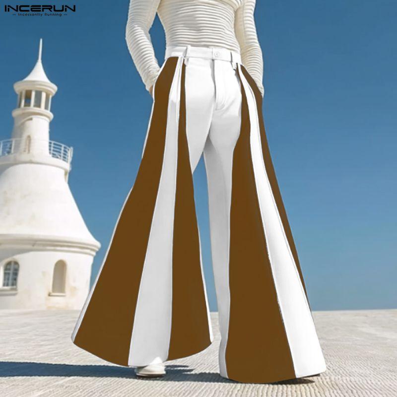 INCERUN S-5XL Men Casual Zip-up Waist Striped Long Flare Pants Trousers