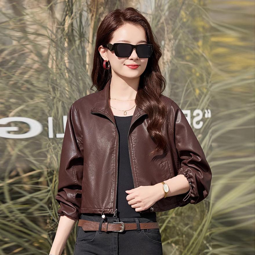 

Кофейная кожаная куртка женская весенне-осенняя ретро свободная короткая маленькая приталенная мотоциклетная кожаная куртка XL