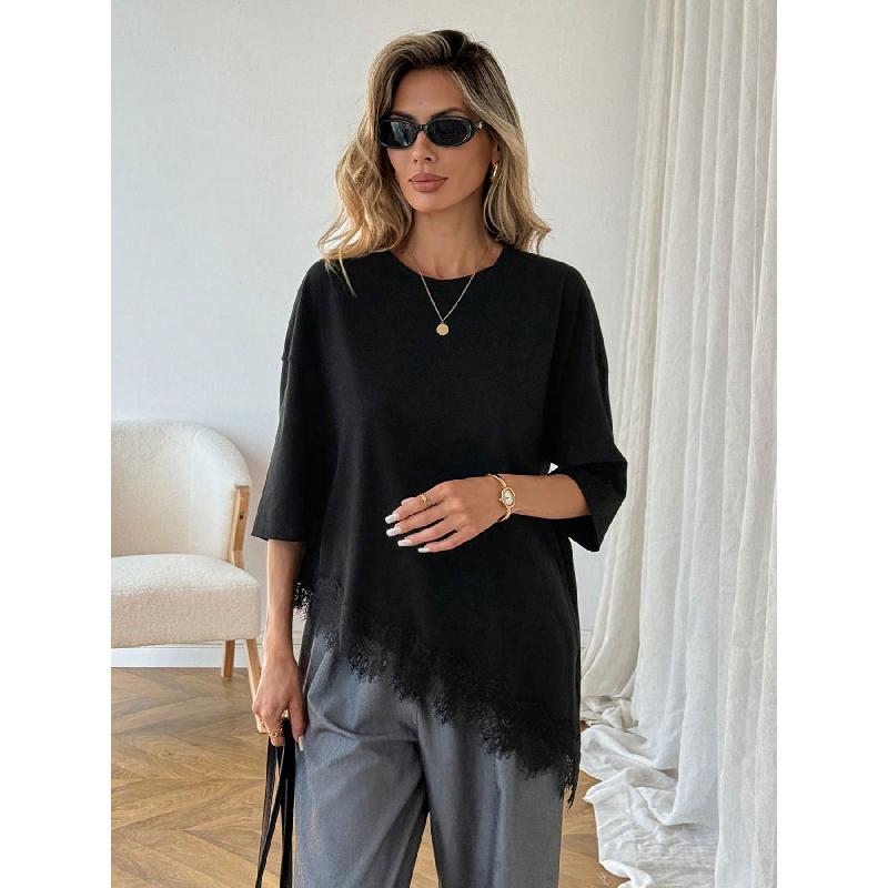 2026 Women's Short Sleeve Asymmetrical Lace Patchwork T-Shirt Loose Bat Sleeve Top