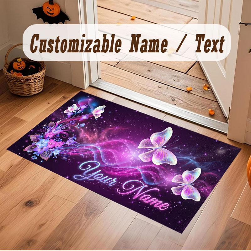 Butterfly Theme Crystal Velvet Floor Rug Personalized Custom Name Text Warm Carpet Home Decoration