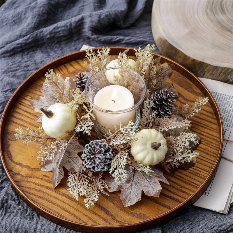 4PCS Christmas Candle Rings Pumpkins Maple Leaves Candle Rings Wreaths Mini Fall Autumn Artificial Candle Rings