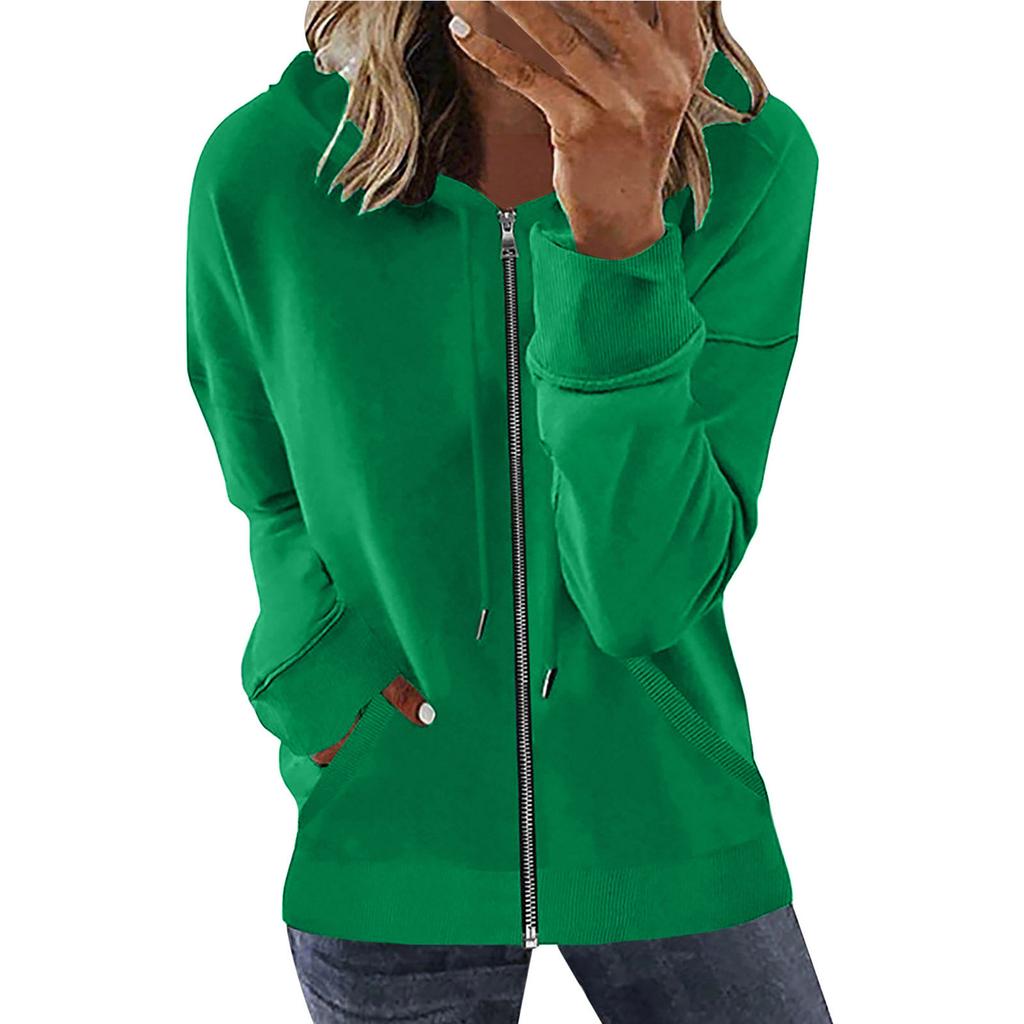 Women's Loose Fit Solid Color Zip Up Hooded Long Sleeve Sweatshirt Casual Pocket Hoodie Top