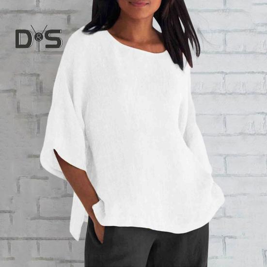 Women Shirt 3/4 Sleeve Casual Crew Neck Solid Color Pullover Tops Loose Fit Vacation Blouse Daily Wear