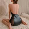 Sexy Underwear, Sexy Neck-hanging Milk Mesh Stitching Leather Skirt, Passionate, Hot Hip-wrapping Scheming PU Tight Skirt