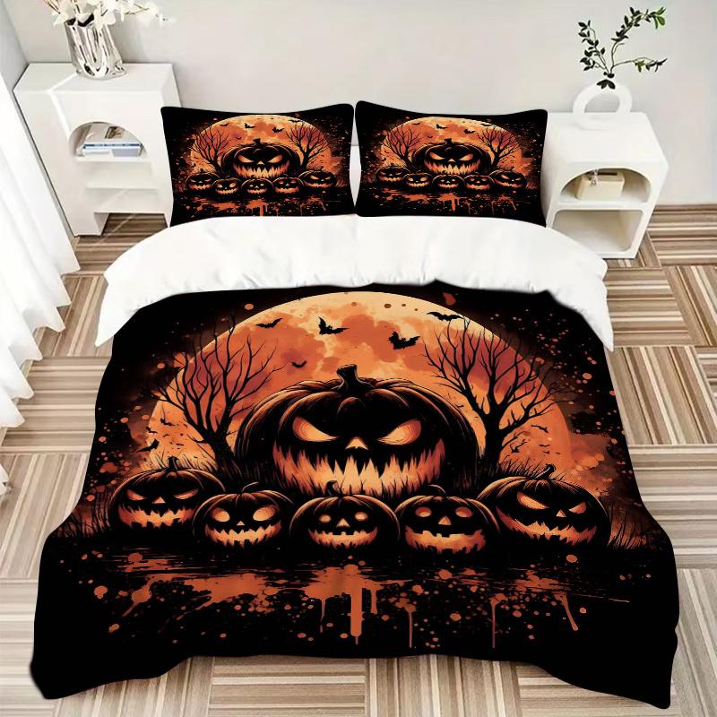 3pcs Scary Pumpkin Quilt Cover Set - Soft and Cozy Bedroom, Guest Room and Dorm Decorative Bedding 3-Piece Set 1 Quilt Cover + 2 Pillow Shams.N08
