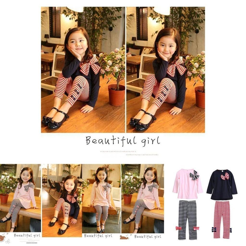 Adorable 2pcs Toddler Kids Baby Girls Outfits With Bowknot Top Striped Legging