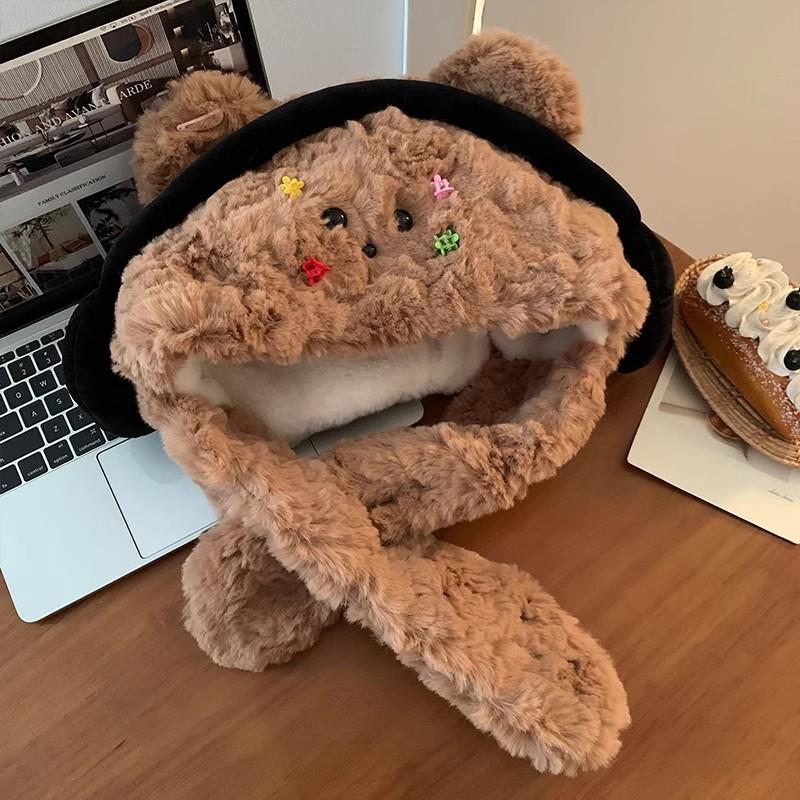 

Милая шапка-шарф в виде медвежонка «все в одном» для женщин, осенне-зимняя плюшевая утолщенная теплая велосипедная шапка-шарф с защитой ушей, шапка-ушанка One size