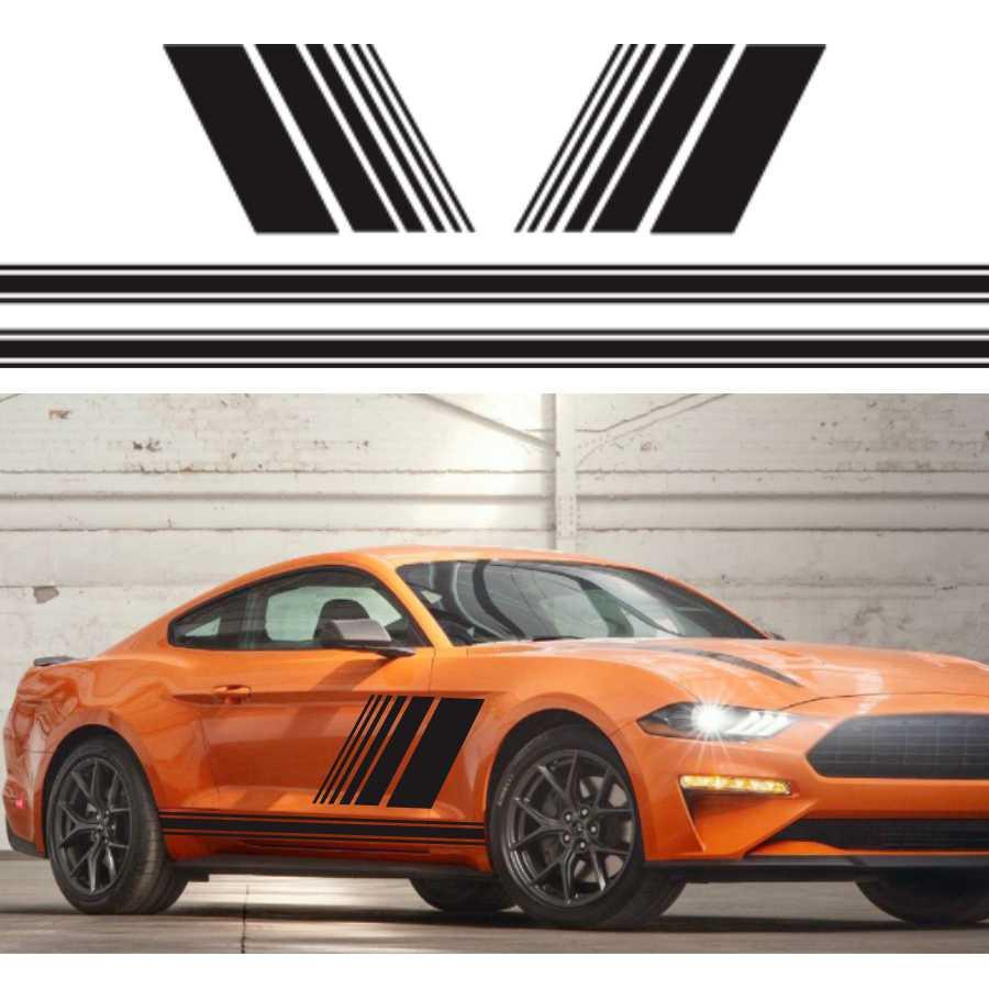 Pair Left & Right Car Body Door Side Skirt Vinyl Sticker Stripe Decals Kit Black