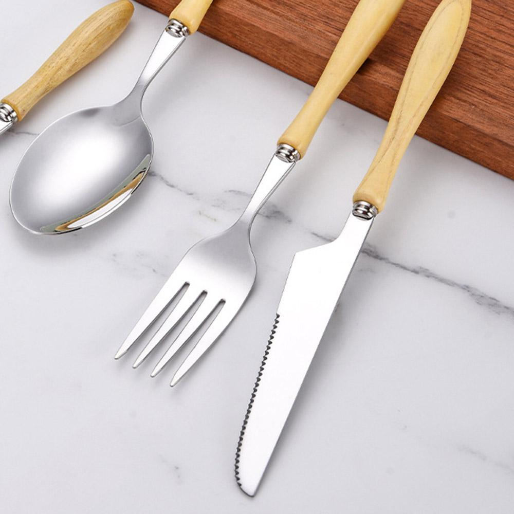 24 STÜCK Holzgriff 304 Edelstahl Besteck Silberbesteck Set, Rustikales Geschirr Besteckset Service für 6, Messer Gabeln Löffel Set
