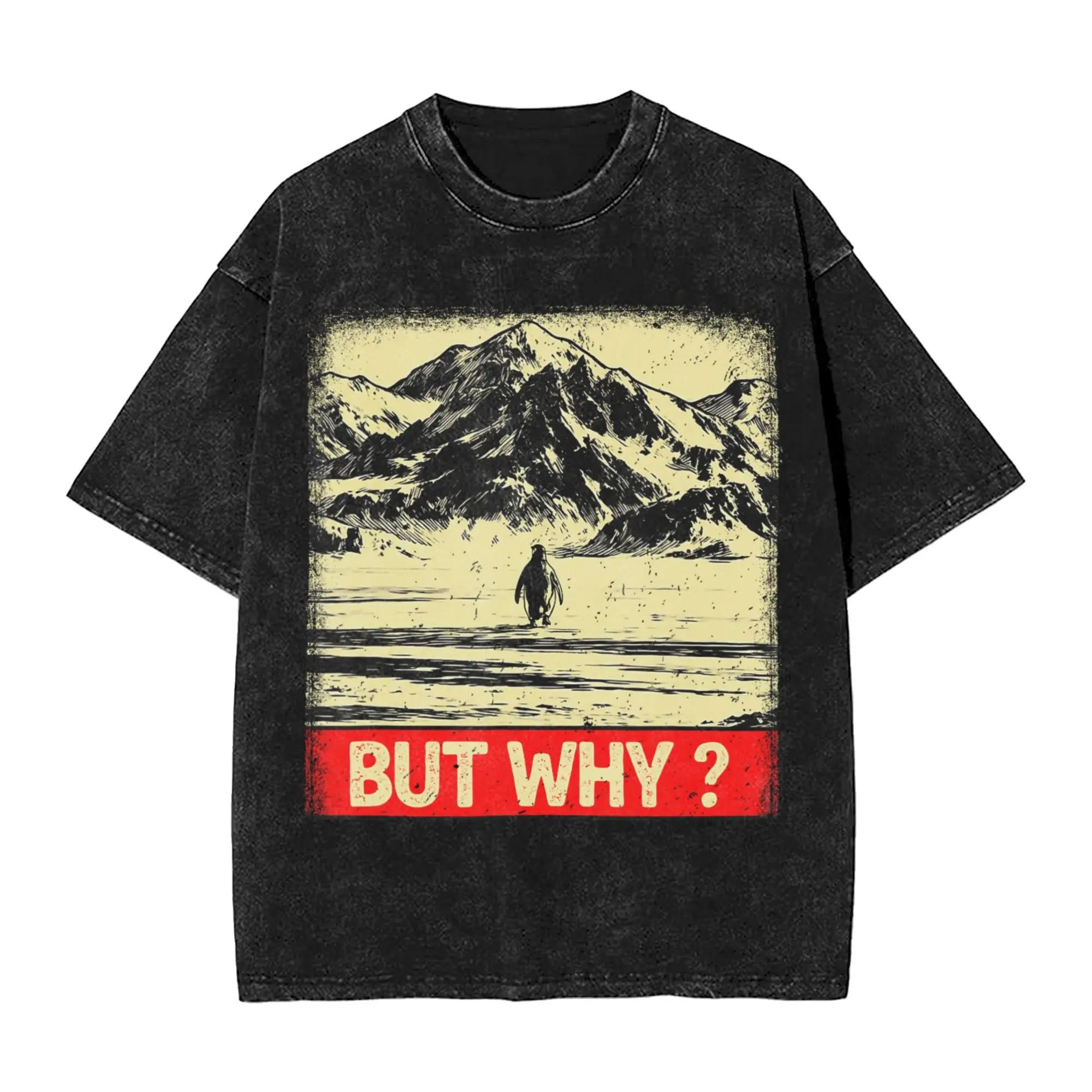 Funny Meme Penguin But Why Graphic Print Tshirt Unisex Women Vintage Washed Cotton Summer New Tee Harajuku Fashion Oversized Tops S