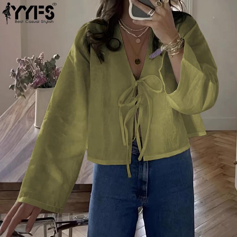 YYFS Dámská móda Ležérní jaro podzimní jednobarevné halenky a košile s dlouhým rukávem a výstřihem do V