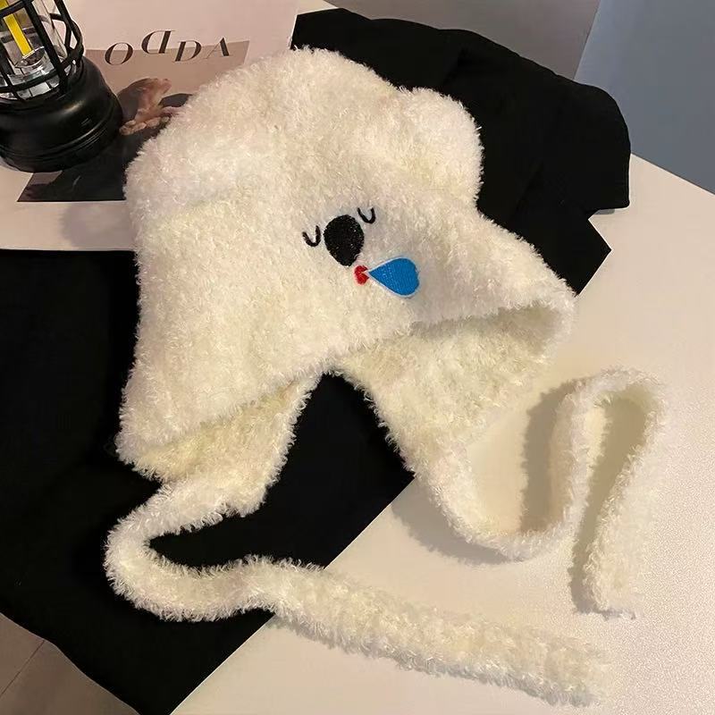 Korean Version of Cute Koala Knitted Woolen Hat for Women in Autumn and Winter Cycling To Keep Warm Ear Protection Hat Straps To Make The Face Smaller