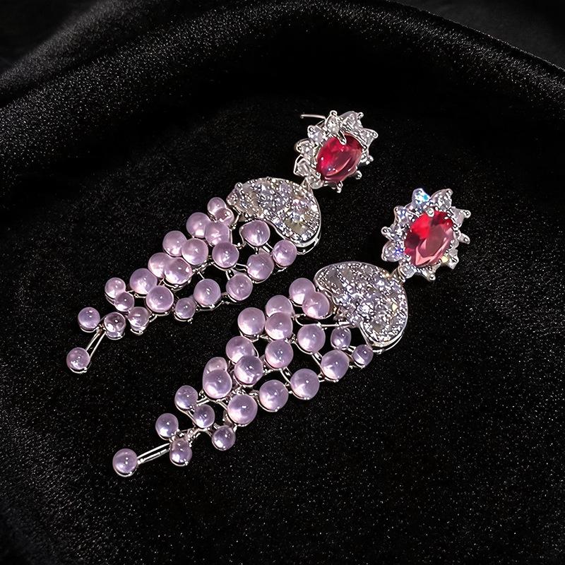 Gold-Plated Silver Zircon Flower Earrings with Tassel - High-End Vintage Style