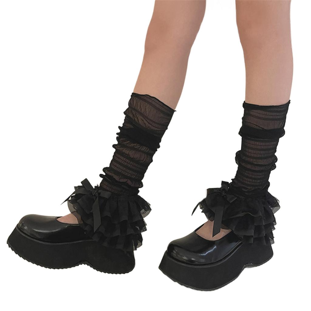 Women Tiered Ruffled Lace Leg Warmers See Through Mesh Footless Socks Vintage Sweet Bowknot Boot Cuff Leg Sleeve Cover