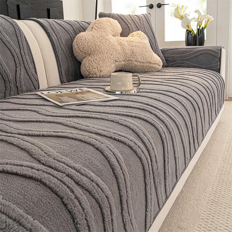 French Striped Thicken Plush Couch Cover Winter Warm Sofa Pad Non-Slip Sofa Slipcovers for Living Room L Shaped Couch Cushion