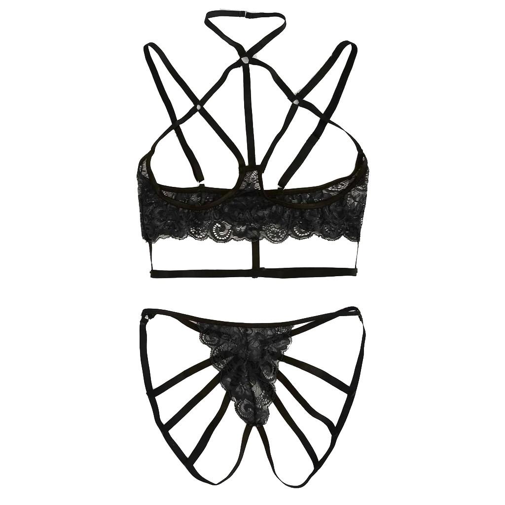 New Women Plus Size Lace Lingerie Bra+Thong Underwear Set Black Sleepwear