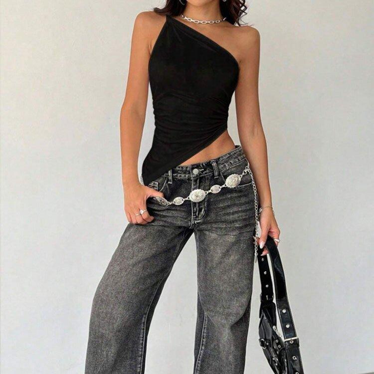 2025 Nové Módní Ležérní Dámské Tričko Jednobarevné Jedno Rameno Asymetrický Slim Fit Top Jednodílný Výstřih