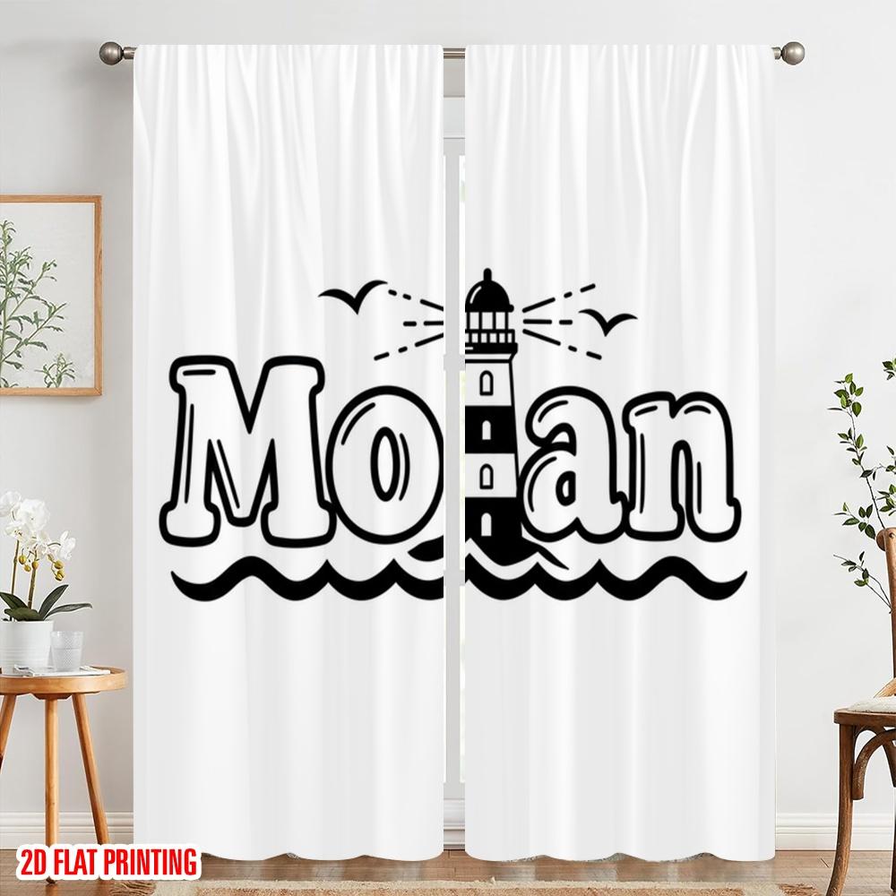 2pcs 2D flat printing Curtains Moan Lighthouse Birds Waves Polyester Without Electricity 0 Perfect for Entryway Room Parties