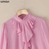 VONDA Women Elegant Casual Ruffled Stand Neck Loose Long Sleeve Irregular Blouse