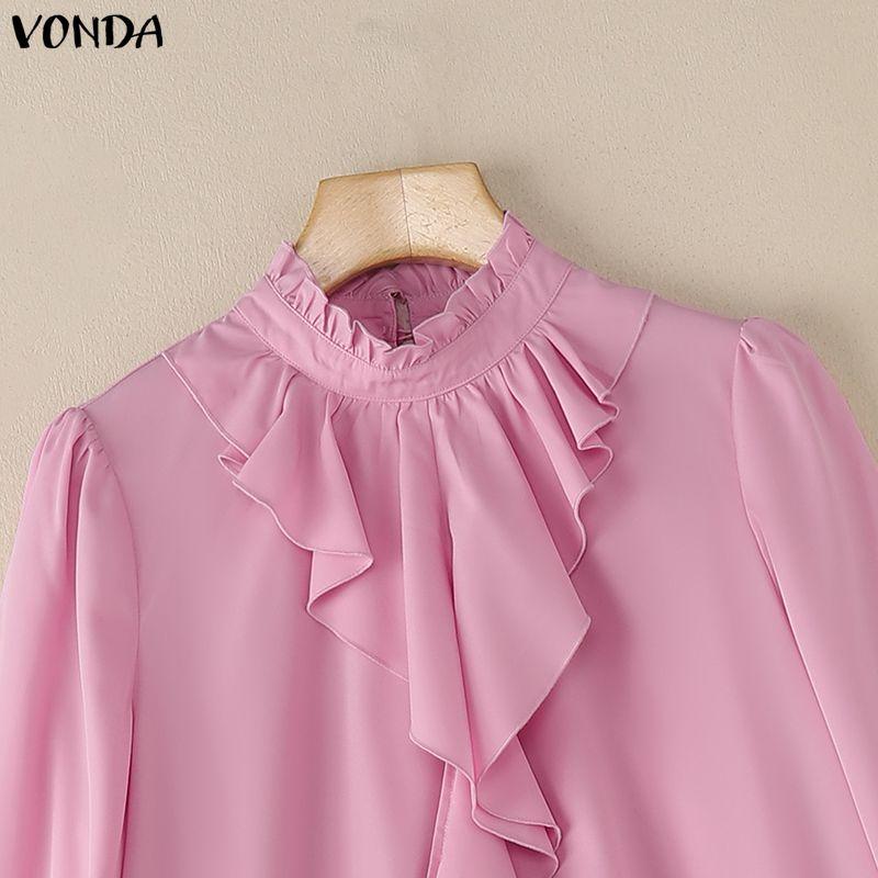 VONDA Women Elegant Casual Ruffled Stand Neck Loose Long Sleeve Irregular Blouse