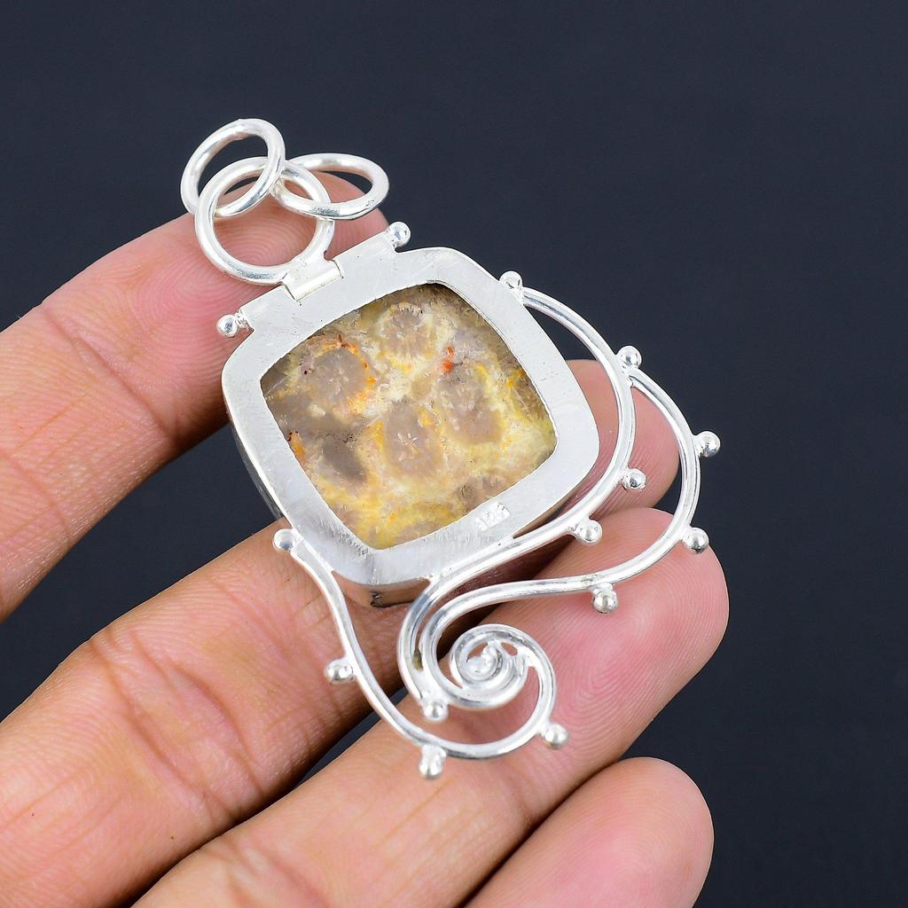 Anniversary Gift For Her Natural Fossil Coral Gemstone Pendant 925 Silver