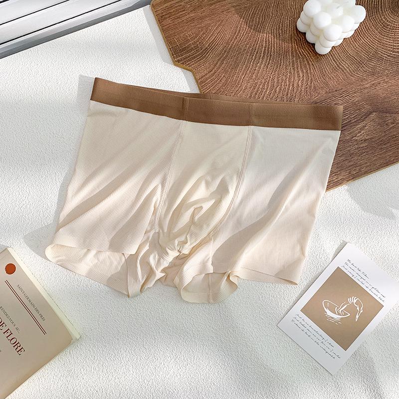 Summer Men's Ice Silk Seamless Boxer Briefs: Antibacterial, Thin, Mid-Waist, Waffle Nylon.