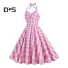 1950er Jahre Damen Rosa Kariertes Ärmelloses Kleid Schnürung Schleife Neckholder Versteckter Reißverschluss Skater Saum Cocktailparty Swing Kleid Hohe Taille A-Linie Kleid