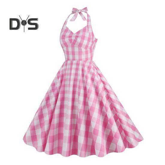 1950er Jahre Damen Rosa Kariertes Ärmelloses Kleid Schnürung Schleife Neckholder Versteckter Reißverschluss Skater Saum Cocktailparty Swing Kleid Hohe Taille A-Linie Kleid
