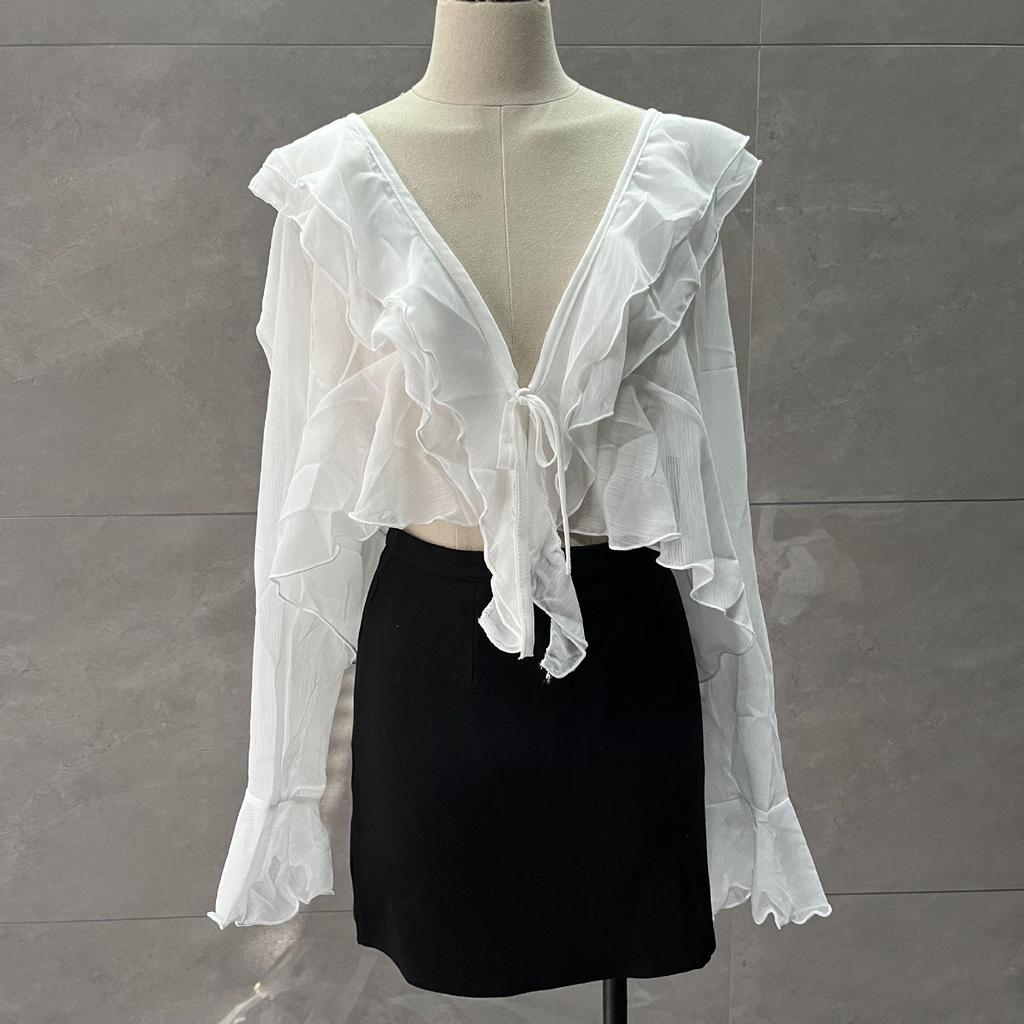 French V-Neck Ruffle Chiffon Blouse - Women's Summer Sun Protection Cardigan