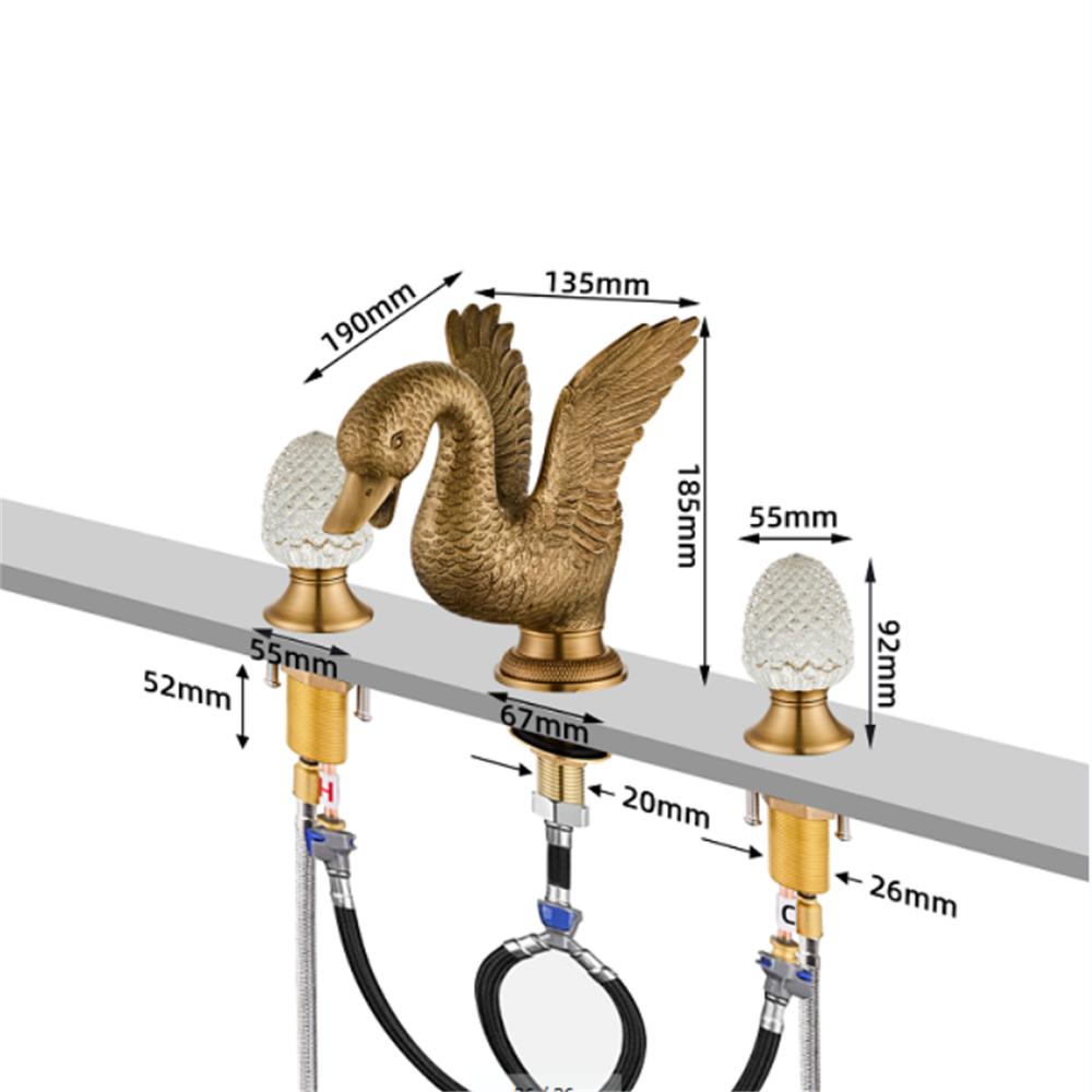Tuqiu Gold Swan Bathroom Faucet Widespread Sink Tap Brass Basin Faucet Sink Faucet Antique Crystal Handle Hot & Cold Water Tap
