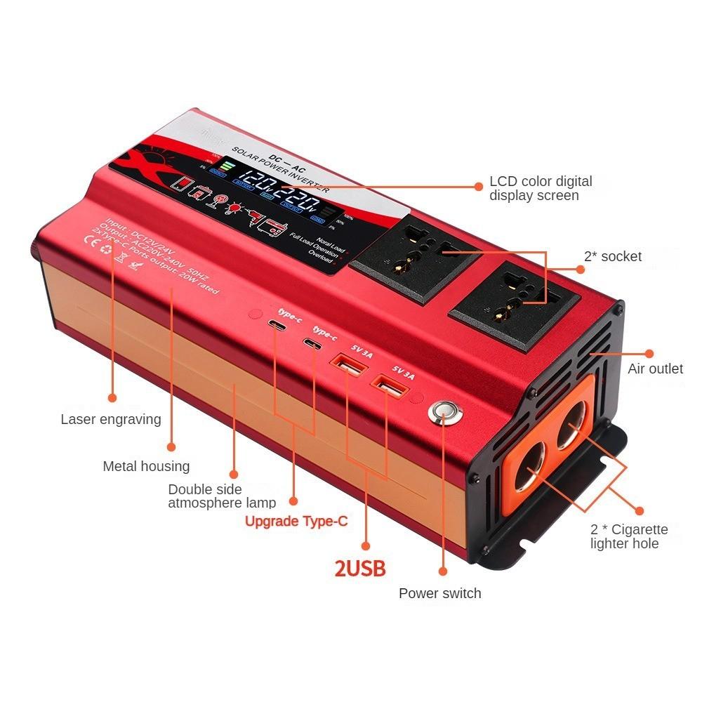3000W/4000W/6000W Intelligent Display Power Inverter With Light High Power Portable Car Inverter Red Power Converter