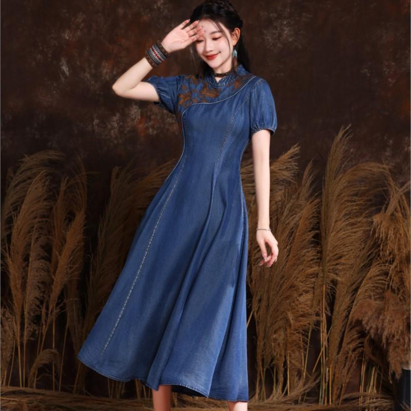 Johnature Chinese Style Cheongsam Vintage Casual Dress Summer Women Embroidery Short Sleeves Collar Dress