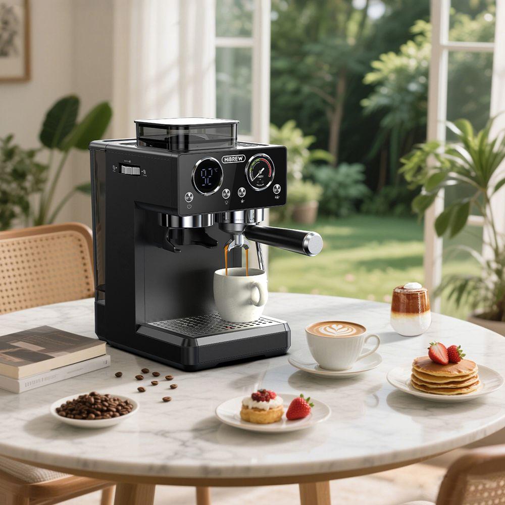 Macchina per Caffè Espresso Hibrew H20 Con Macinacaffè Integrato, Controllo della Temperatura PID, Compatibilità Dual CPU E Montalatte Nero