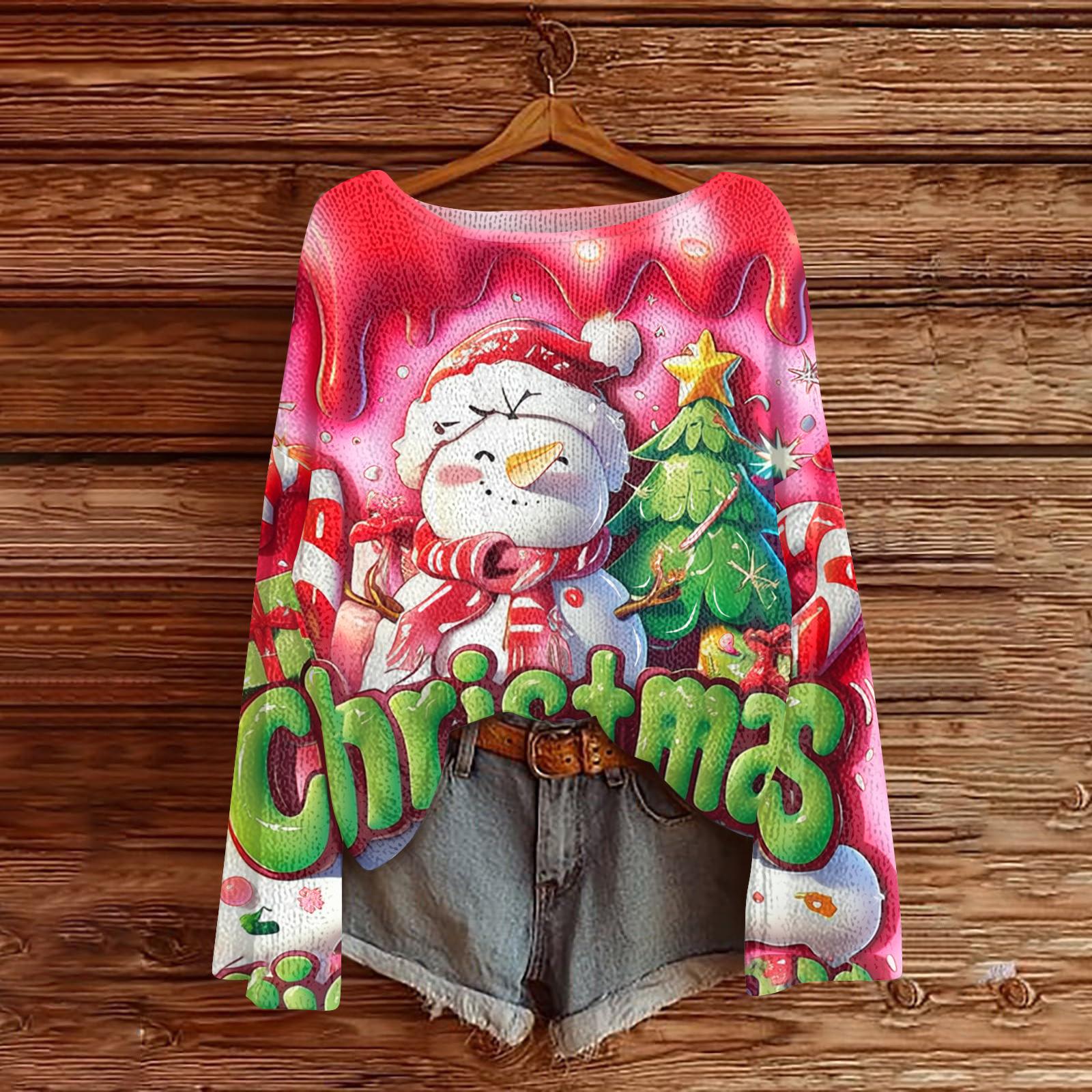 

Women s Fashion Round Neck Long Sleeve Christmas Print Casual Knit Pullover Top M белый