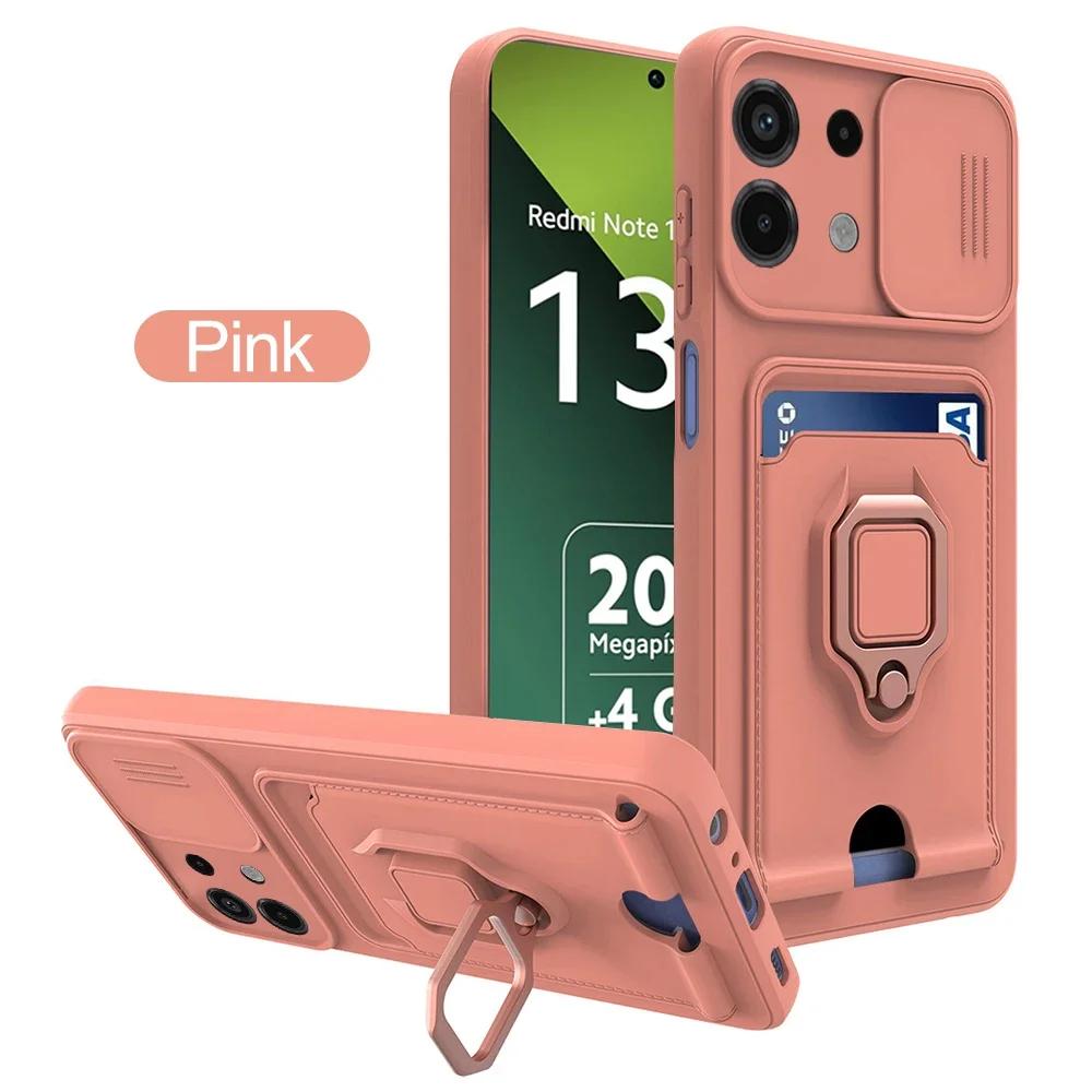 Sliding Camera Protection Case for Redmi Note 13 Pro 5G 4G 12 11 Pro Plus 13 C 12 C Vehicle Magnetic Bracket Card Wallet Shell